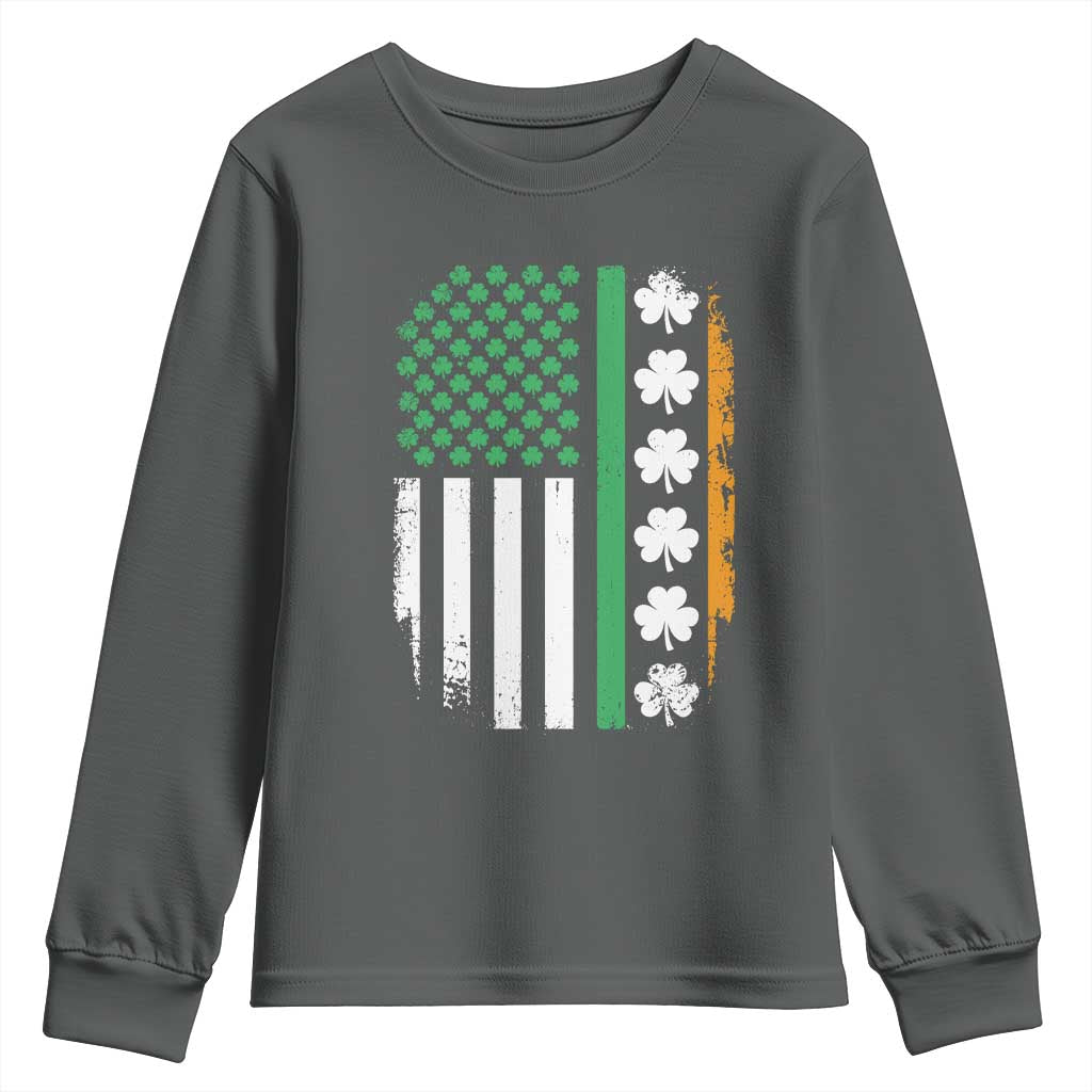 USA Flag With Shamrocks Youth Sweatshirt St Patricks Day Gift TS12 Dark Heather Print Your Wear