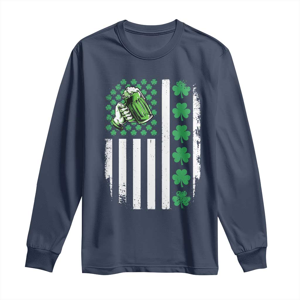 Irish Patriotic USA Flag With Shamrocks Gift Long Sleeve Shirt TS12 Navy Print Your Wear