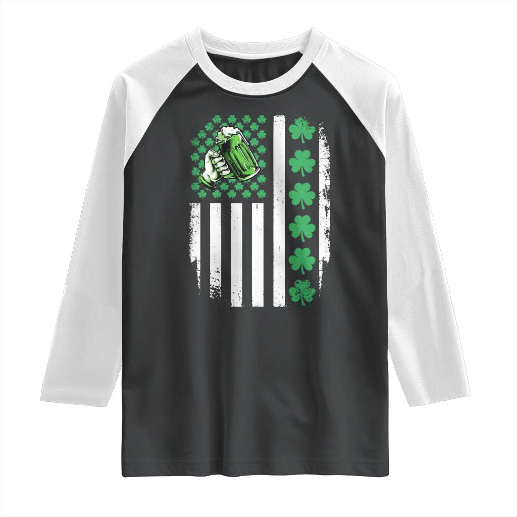 Irish Patriotic USA Flag With Shamrocks Gift Raglan Shirt TS12 Black White Print Your Wear