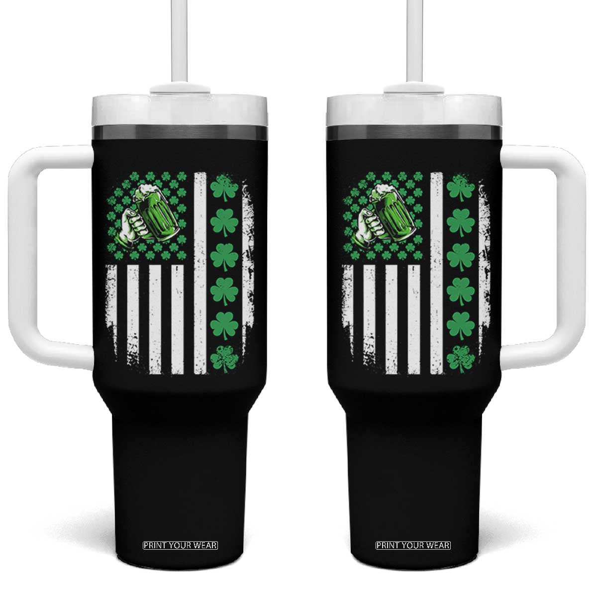 Irish Patriotic USA Flag With Shamrocks Gift Tumbler With Handle TS12 One Size: 40 oz Black Print Your Wear