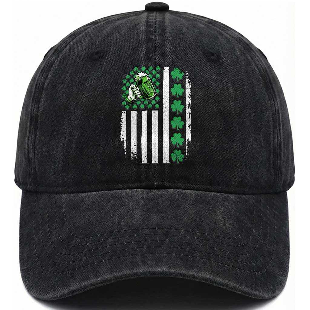 Irish Patriotic USA Flag With Shamrocks Gift Washed Cotton Baseball Cap TS12 Print Your Wear