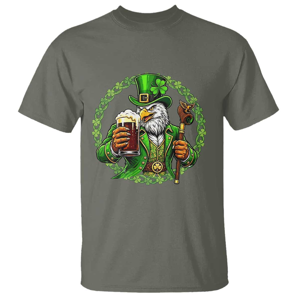 Irish Patriotic Eagle Leprechaun T Shirt St Patricks Day Gift TS12 Military Green Print Your Wear