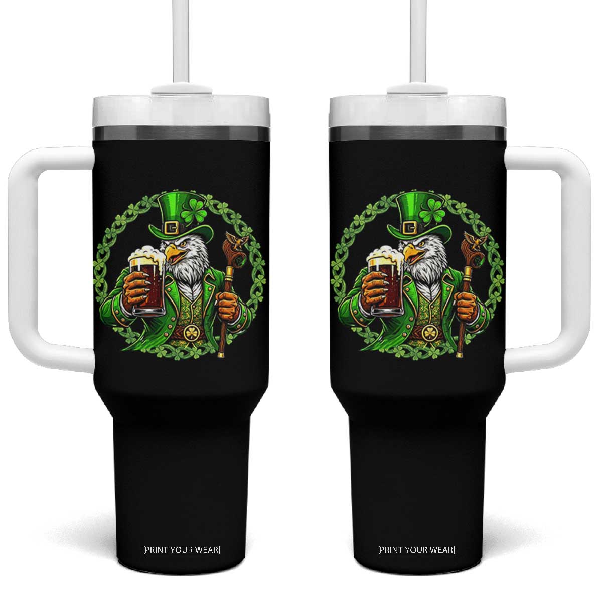 Irish Patriotic Eagle Leprechaun Tumbler With Handle St Patricks Day Gift TS12 One Size: 40 oz Black Print Your Wear