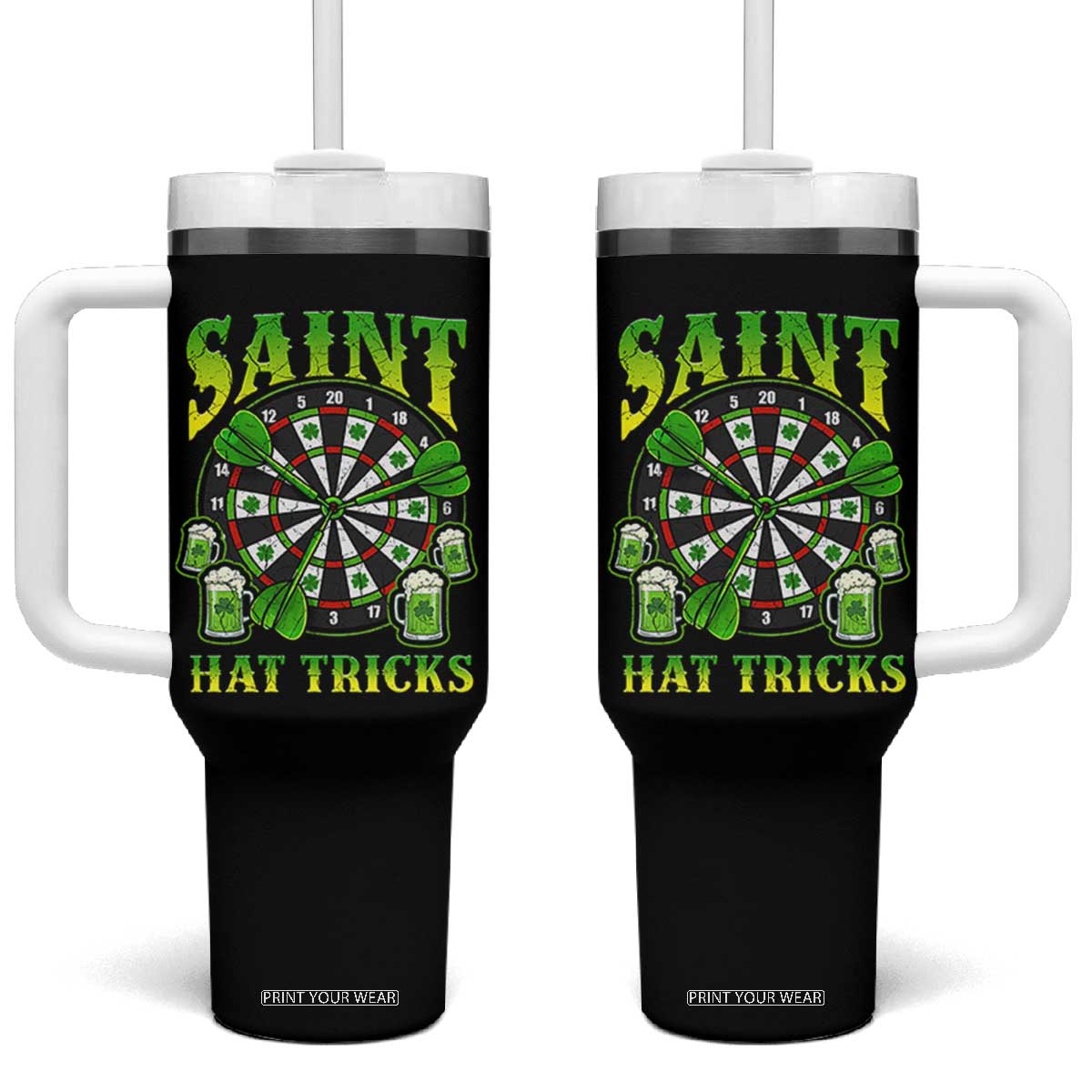 Saint Hat Tricks St Patricks Day Tumbler With Handle Darts Player Gift TS12 One Size: 40 oz Black Print Your Wear