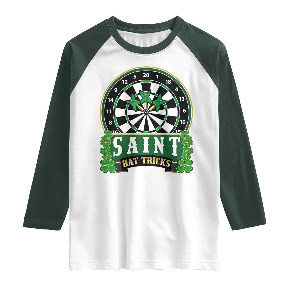 Saint Hat Tricks Raglan Shirt St Patricks Day Dart Thrower Gift TS12 White Dark Forest Green Print Your Wear