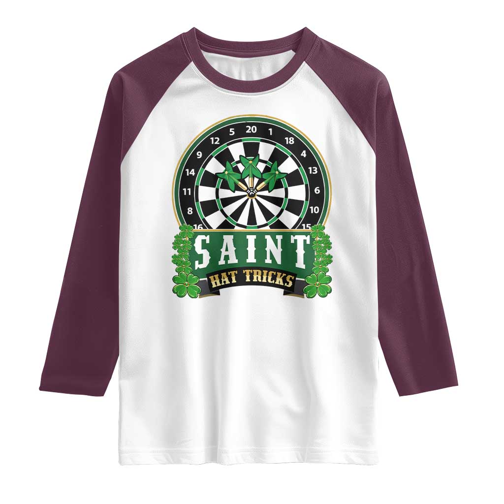 Saint Hat Tricks Raglan Shirt St Patricks Day Dart Thrower Gift TS12 White Maroon Print Your Wear