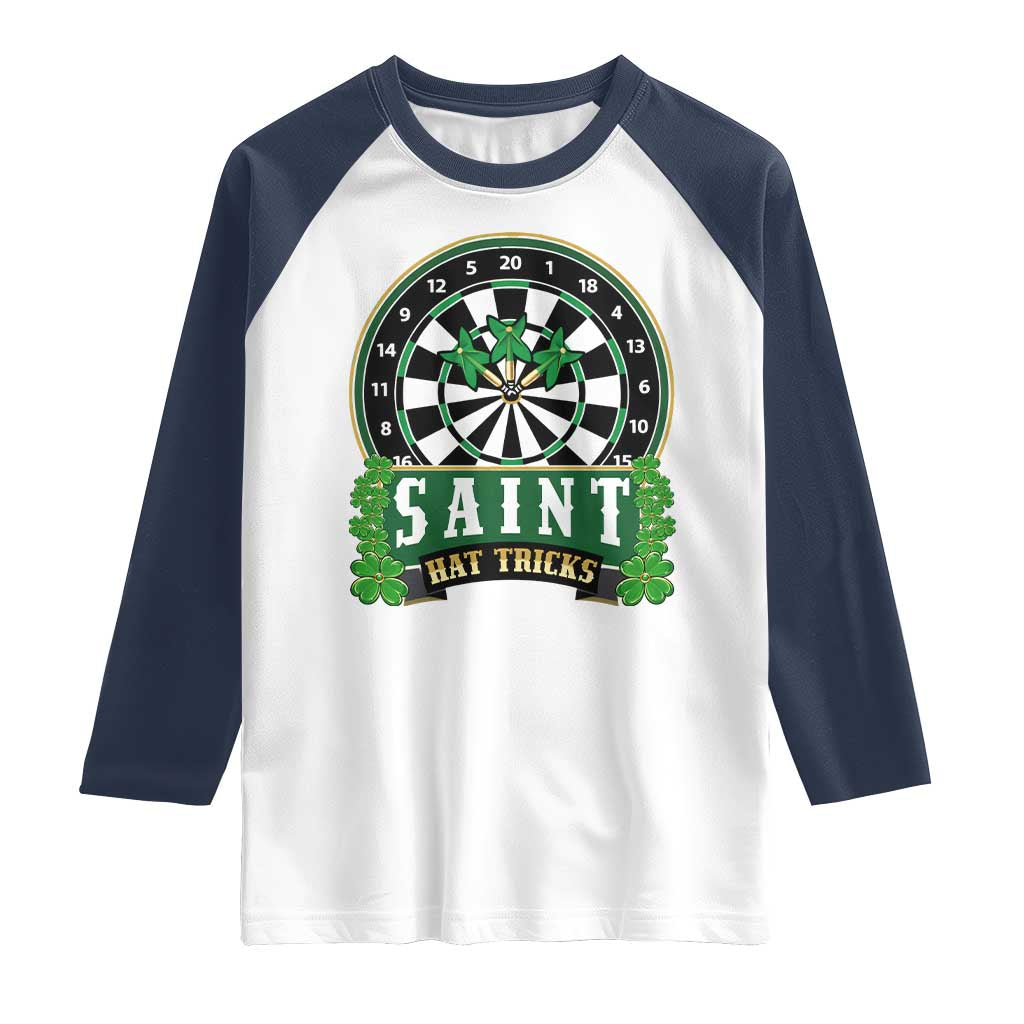 Saint Hat Tricks Raglan Shirt St Patricks Day Dart Thrower Gift TS12 White Navy Print Your Wear