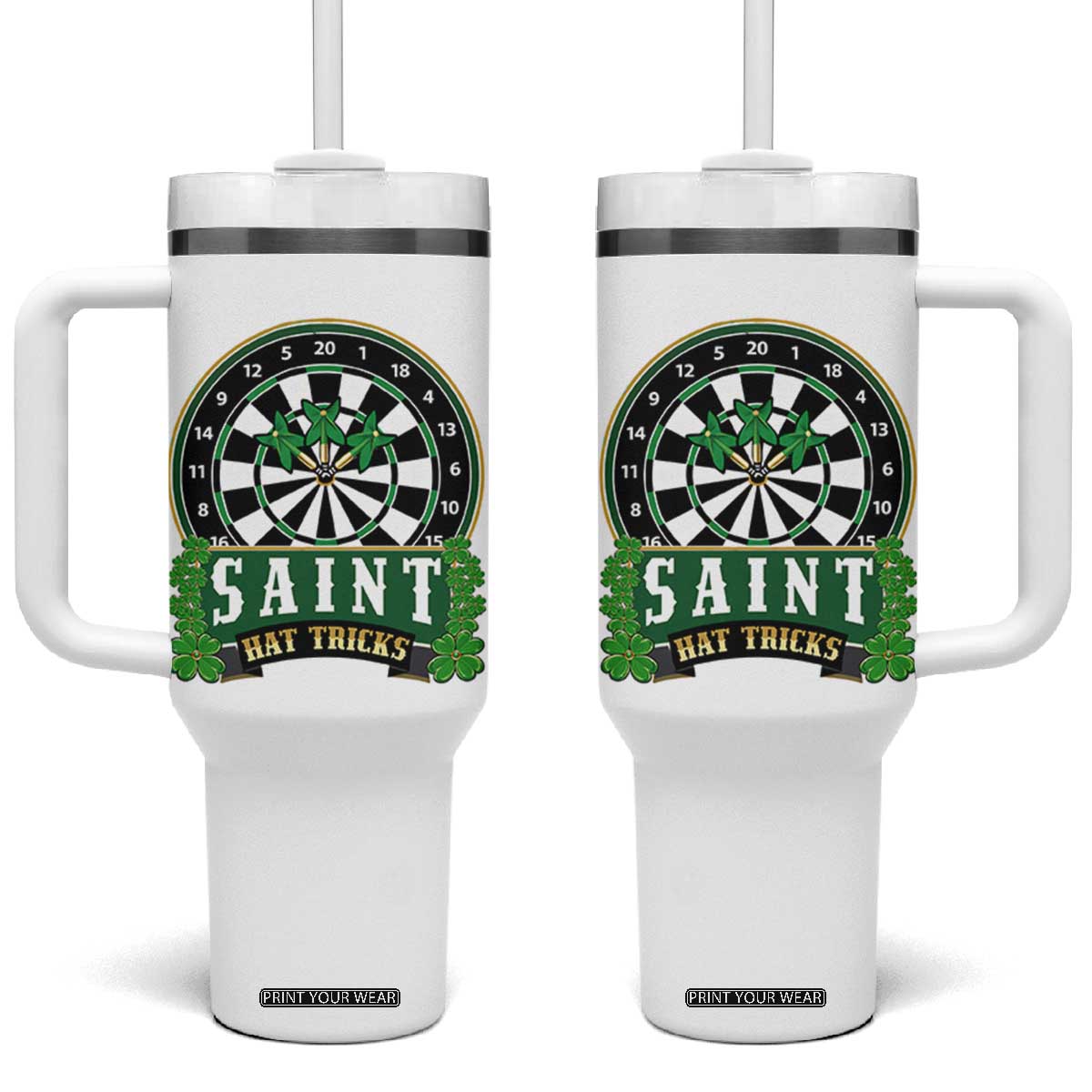 Saint Hat Tricks Tumbler With Handle St Patricks Day Dart Thrower Gift TS12 One Size: 40 oz White Print Your Wear
