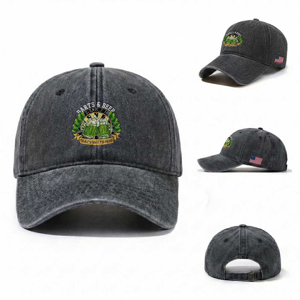 Beer And Darts St Patricks Day Gift Washed Cotton Baseball Cap That Is Why I Am Here TS12 Washed Cap Universal Fit Dark Gray Print Your Wear