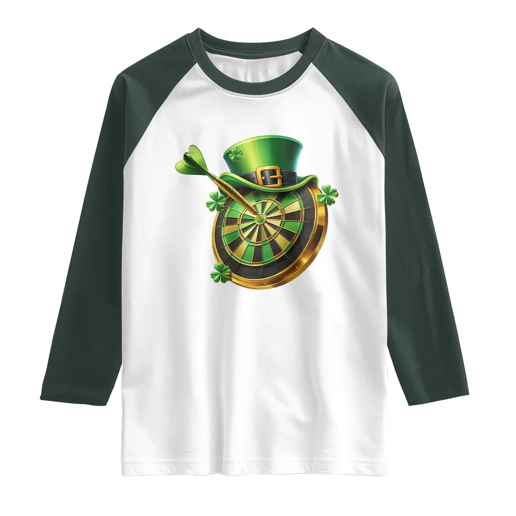 St Patricks Day Irish Darts Board Celebration Gift Raglan Shirt TS12 White Dark Forest Green Print Your Wear