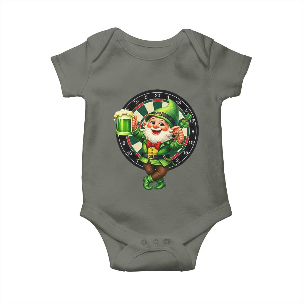 Cheerful Gnome Playing Darts Baby Onesie St Patricks Day Gift TS12 Military Green Print Your Wear