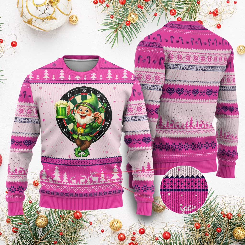 Cheerful Gnome Playing Darts Ugly Christmas Sweater St Patricks Day Gift TS12 Hot Pink Print Your Wear