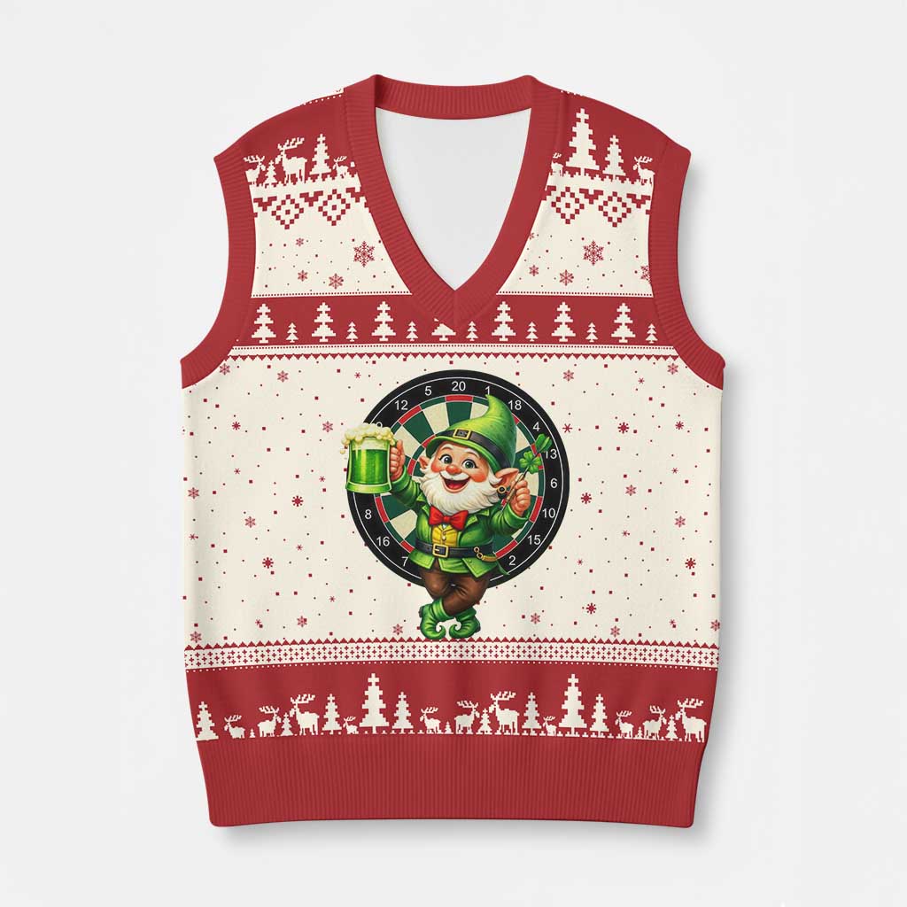 Cheerful Gnome Playing Darts V-Neck Knit Sweater Vest St Patricks Day Gift TS12 Beige Red Print Your Wear