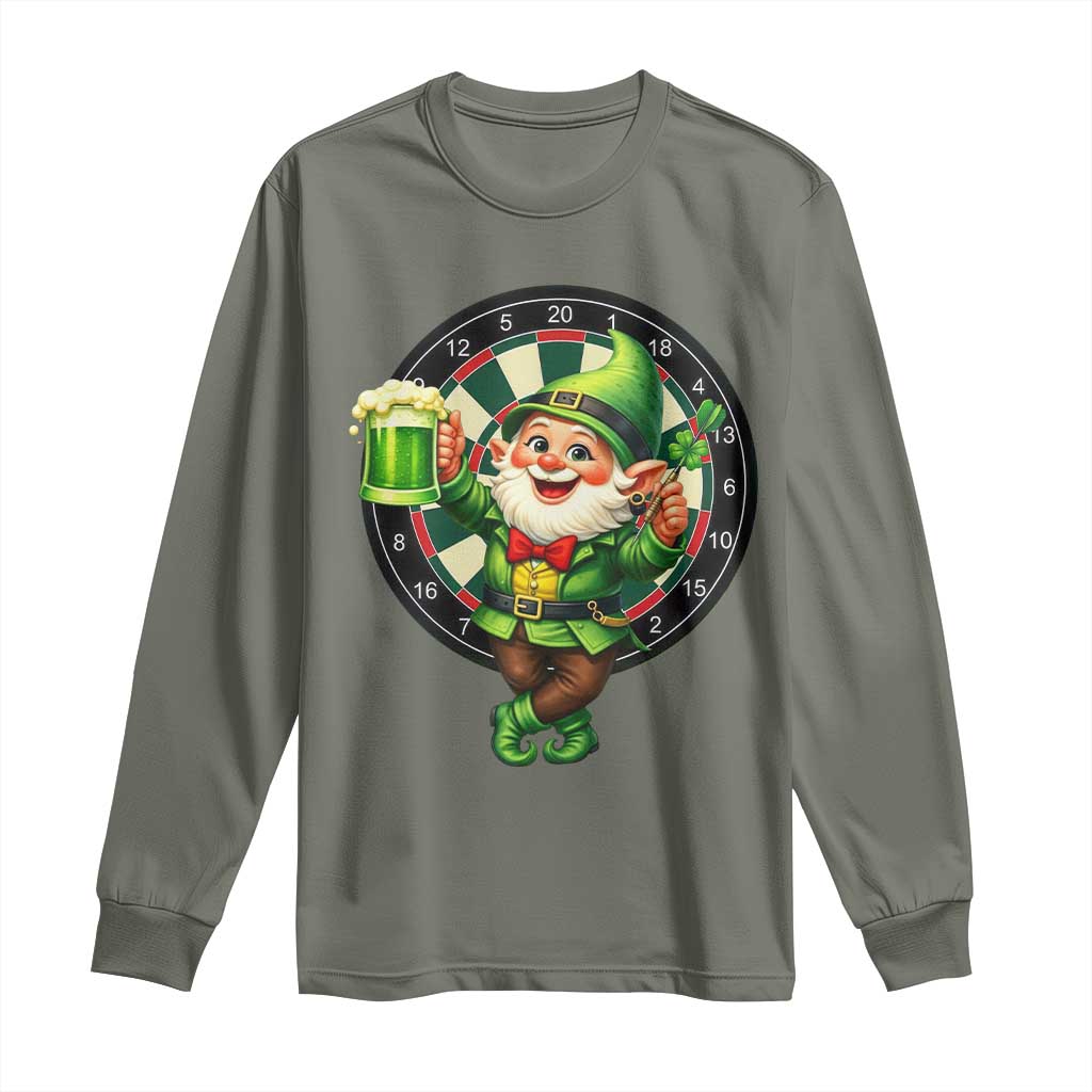 Cheerful Gnome Playing Darts Long Sleeve Shirt St Patricks Day Gift TS12 Military Green Print Your Wear
