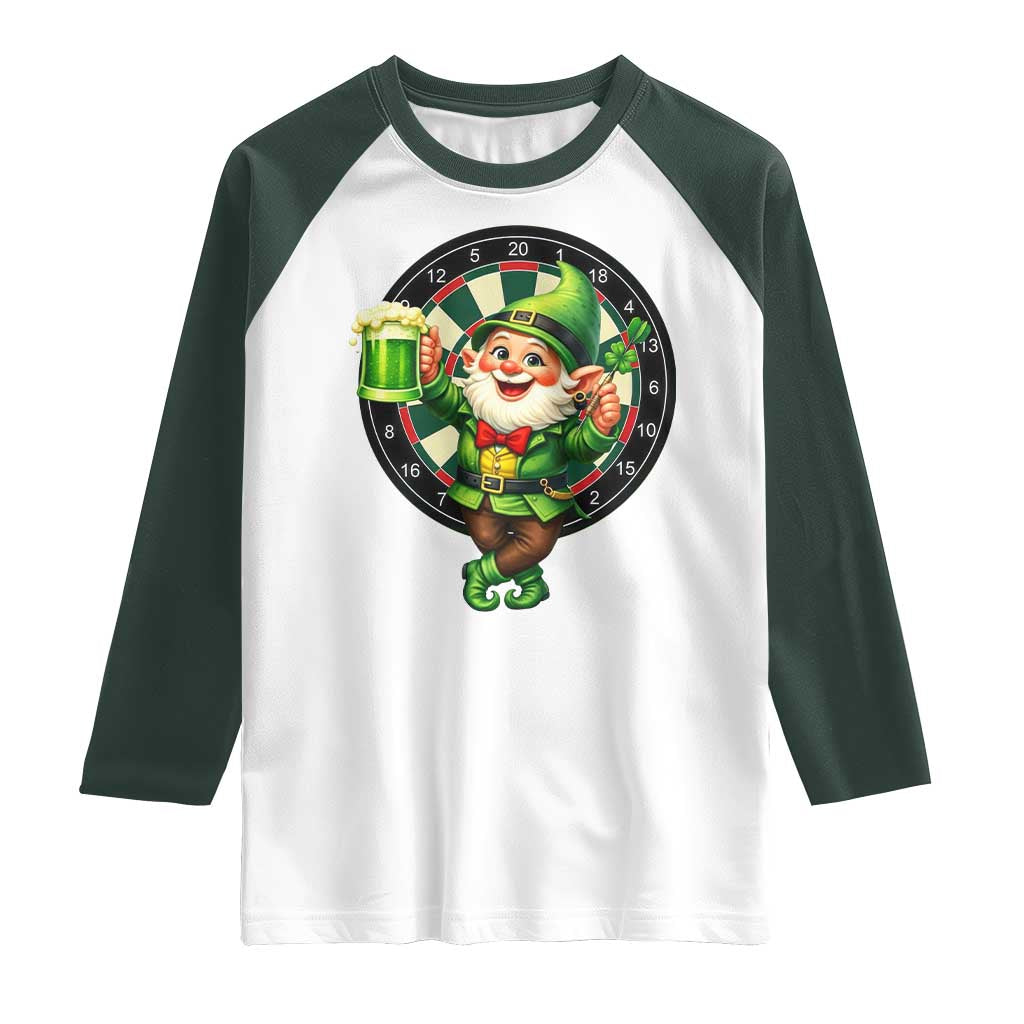 Cheerful Gnome Playing Darts Raglan Shirt St Patricks Day Gift TS12 White Dark Forest Green Print Your Wear