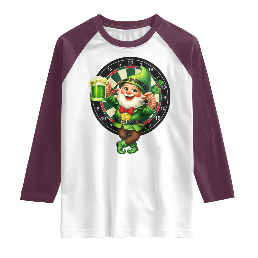 Cheerful Gnome Playing Darts Raglan Shirt St Patricks Day Gift TS12 White Maroon Print Your Wear