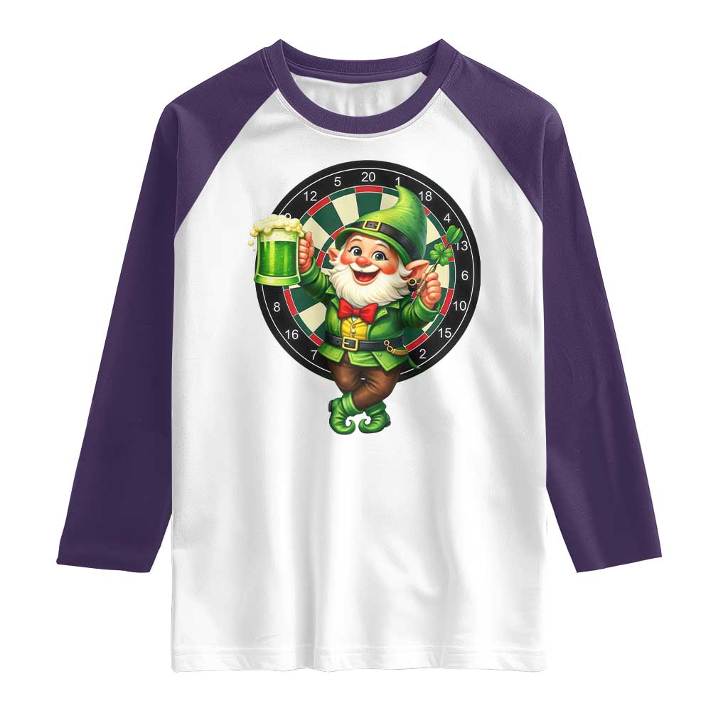 Cheerful Gnome Playing Darts Raglan Shirt St Patricks Day Gift TS12 White Purple Print Your Wear