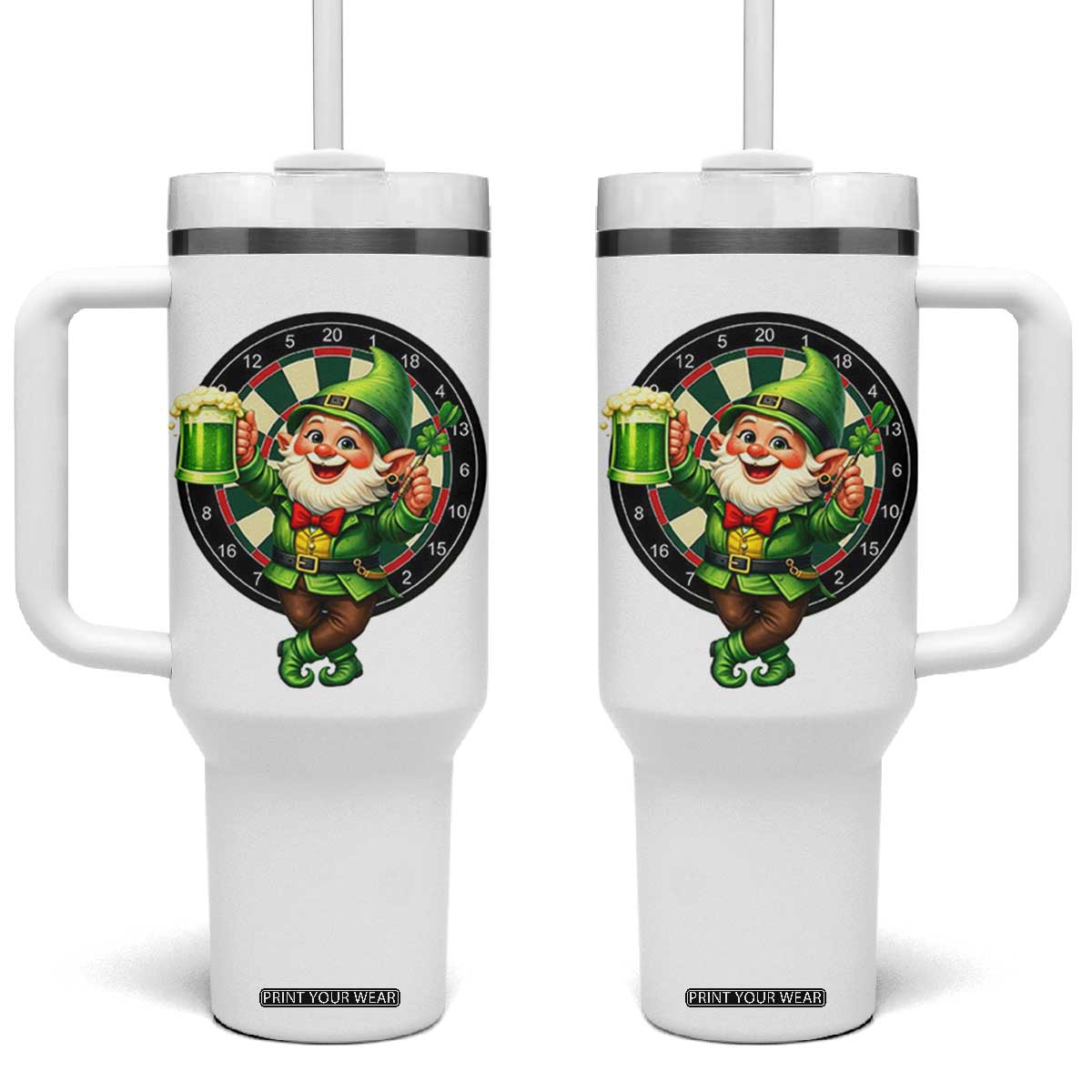 Cheerful Gnome Playing Darts Tumbler With Handle St Patricks Day Gift TS12 One Size: 40 oz White Print Your Wear