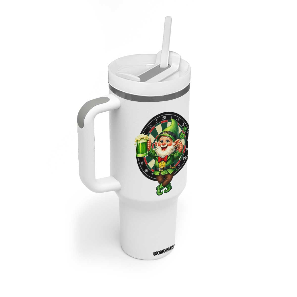 Cheerful Gnome Playing Darts Tumbler With Handle St Patricks Day Gift TS12 Print Your Wear