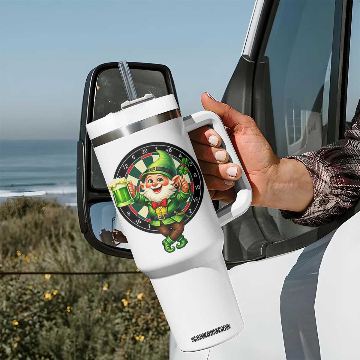 Cheerful Gnome Playing Darts Tumbler With Handle St Patricks Day Gift TS12 Print Your Wear