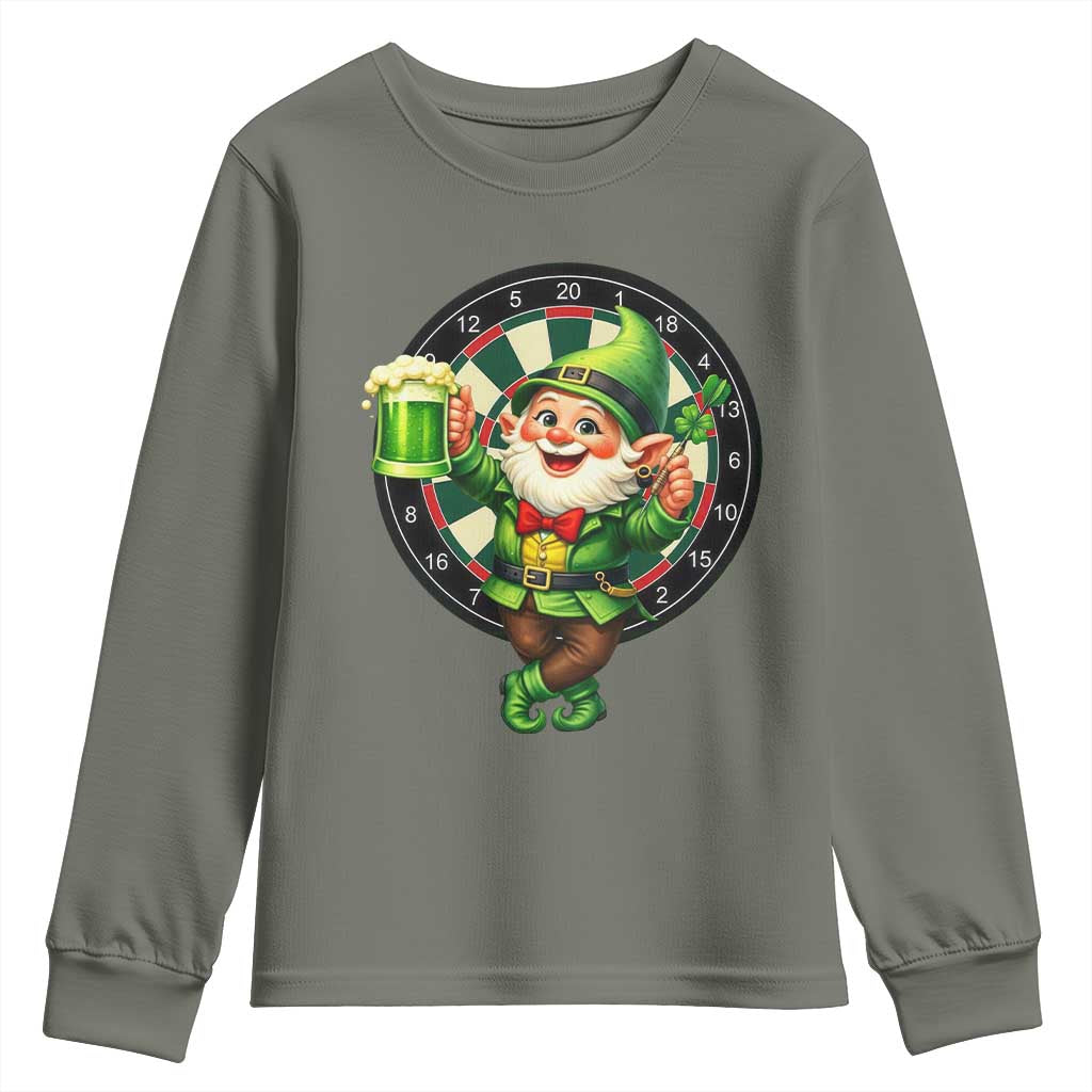 Cheerful Gnome Playing Darts Youth Sweatshirt St Patricks Day Gift TS12 Military Green Print Your Wear