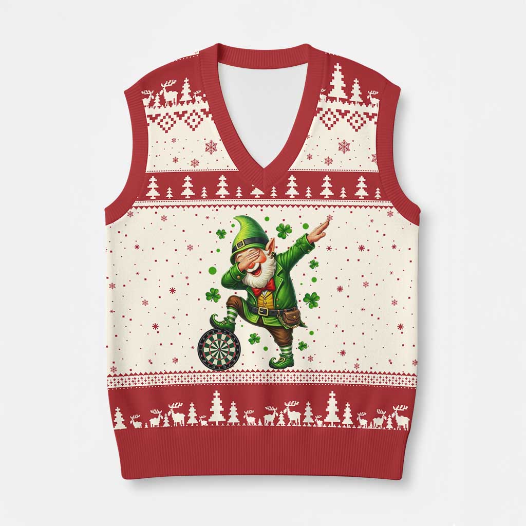 St Patricks Day Cheerful Gnome Dabbing V-Neck Knit Sweater Vest Darts Lover Gift TS12 Beige Red Print Your Wear
