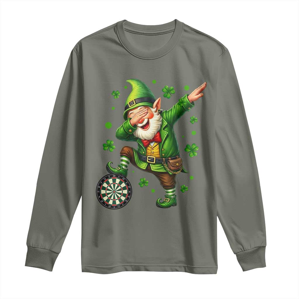 St Patricks Day Cheerful Gnome Dabbing Long Sleeve Shirt Darts Lover Gift TS12 Military Green Print Your Wear