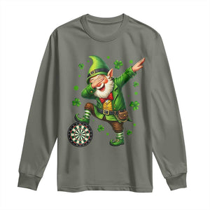 St Patricks Day Cheerful Gnome Dabbing Long Sleeve Shirt Darts Lover Gift TS12 Military Green Print Your Wear