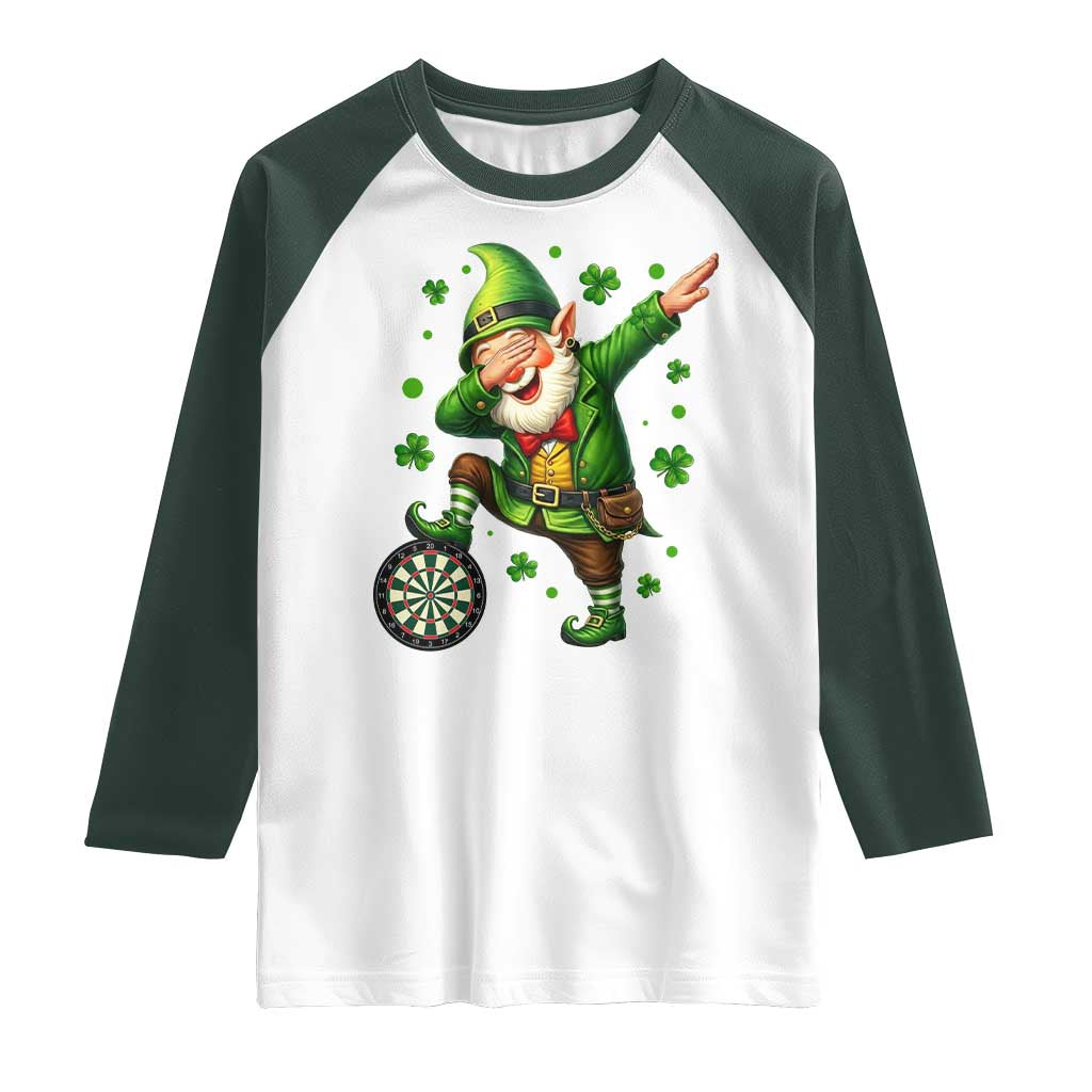 St Patricks Day Cheerful Gnome Dabbing Raglan Shirt Darts Lover Gift TS12 White Dark Forest Green Print Your Wear