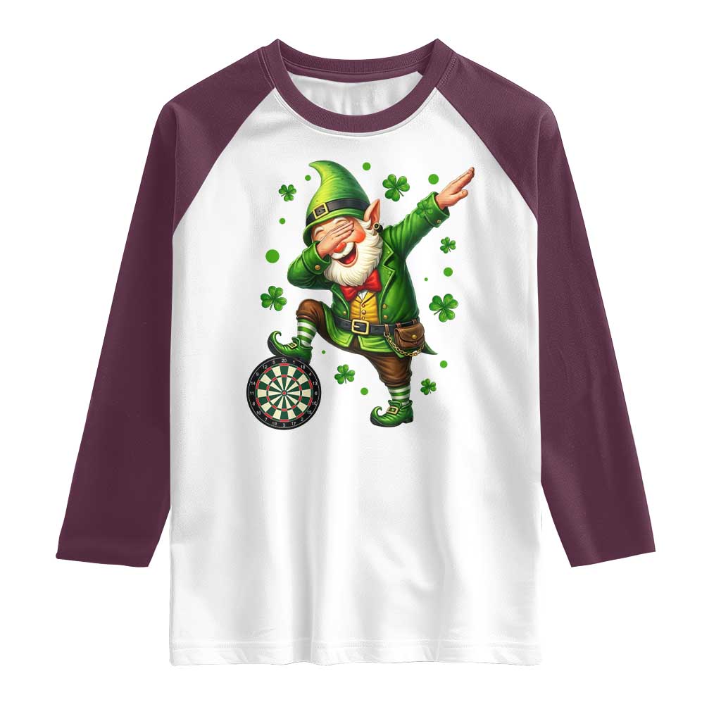 St Patricks Day Cheerful Gnome Dabbing Raglan Shirt Darts Lover Gift TS12 White Maroon Print Your Wear