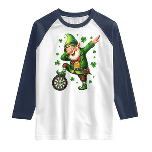St Patricks Day Cheerful Gnome Dabbing Raglan Shirt Darts Lover Gift TS12 White Navy Print Your Wear