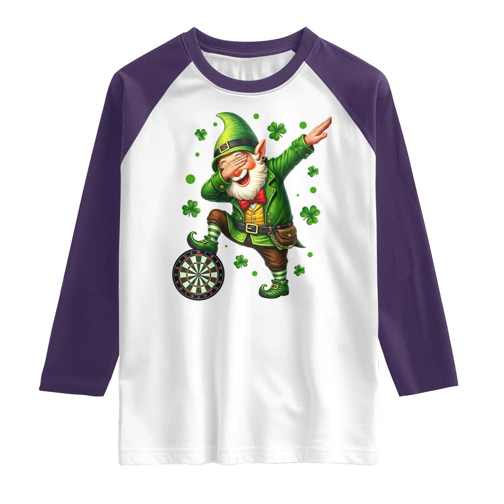 St Patricks Day Cheerful Gnome Dabbing Raglan Shirt Darts Lover Gift TS12 White Purple Print Your Wear
