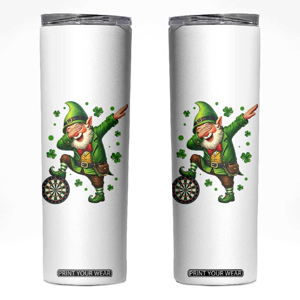 St Patricks Day Cheerful Gnome Dabbing Skinny Tumbler Darts Lover Gift TS12 White Print Your Wear