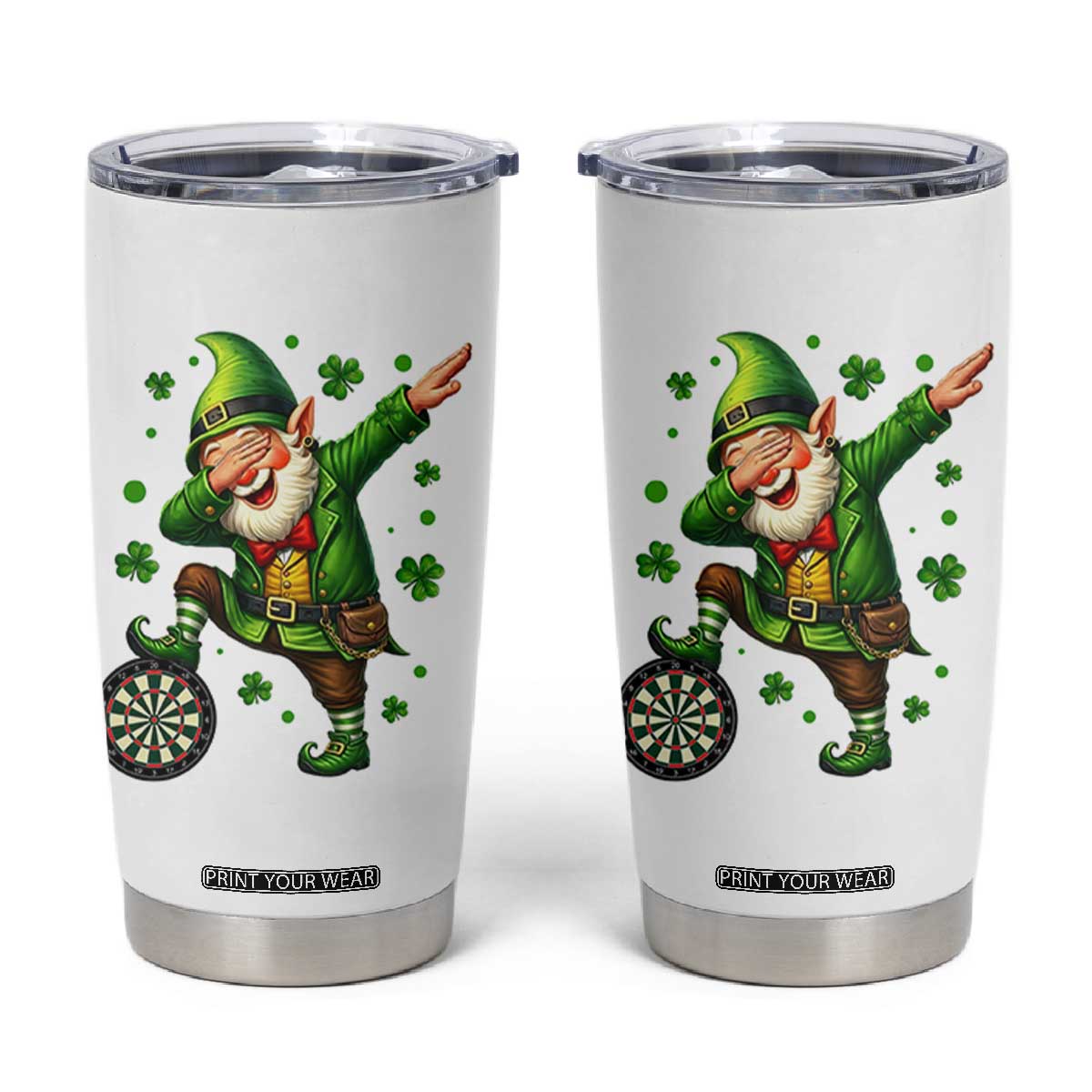 St Patricks Day Cheerful Gnome Dabbing Tumbler Cup Darts Lover Gift TS12 White Print Your Wear