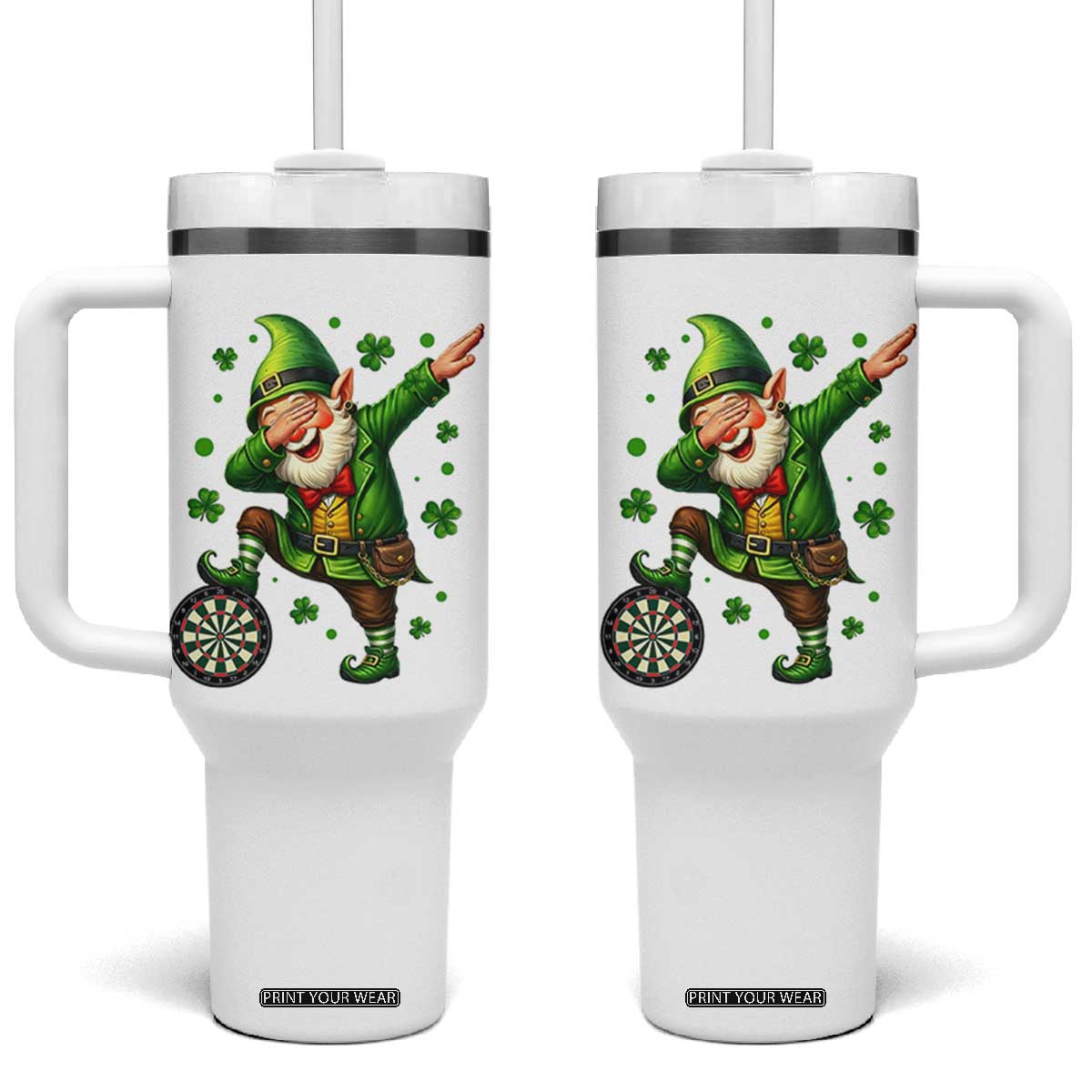 St Patricks Day Cheerful Gnome Dabbing Tumbler With Handle Darts Lover Gift TS12 One Size: 40 oz White Print Your Wear