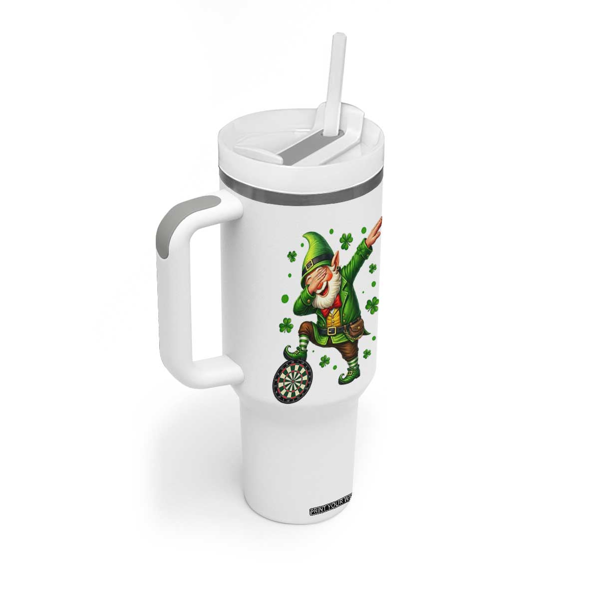 St Patricks Day Cheerful Gnome Dabbing Tumbler With Handle Darts Lover Gift TS12 Print Your Wear