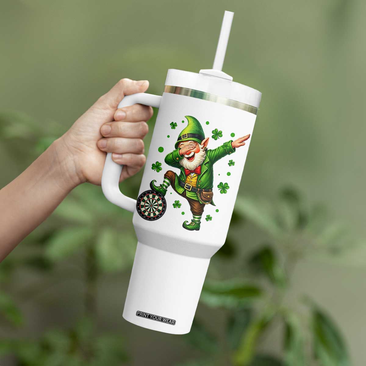 St Patricks Day Cheerful Gnome Dabbing Tumbler With Handle Darts Lover Gift TS12 Print Your Wear
