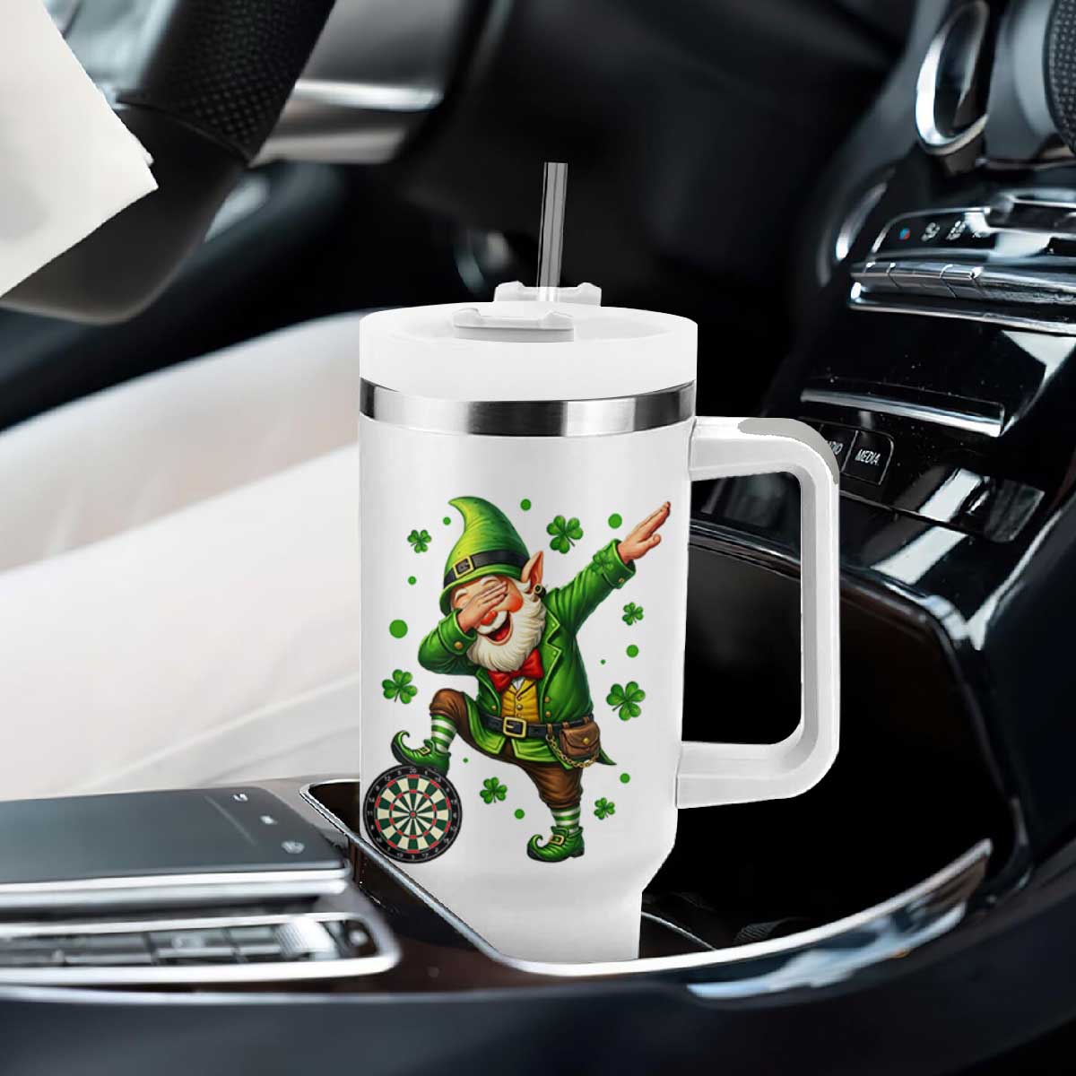 St Patricks Day Cheerful Gnome Dabbing Tumbler With Handle Darts Lover Gift TS12 Print Your Wear