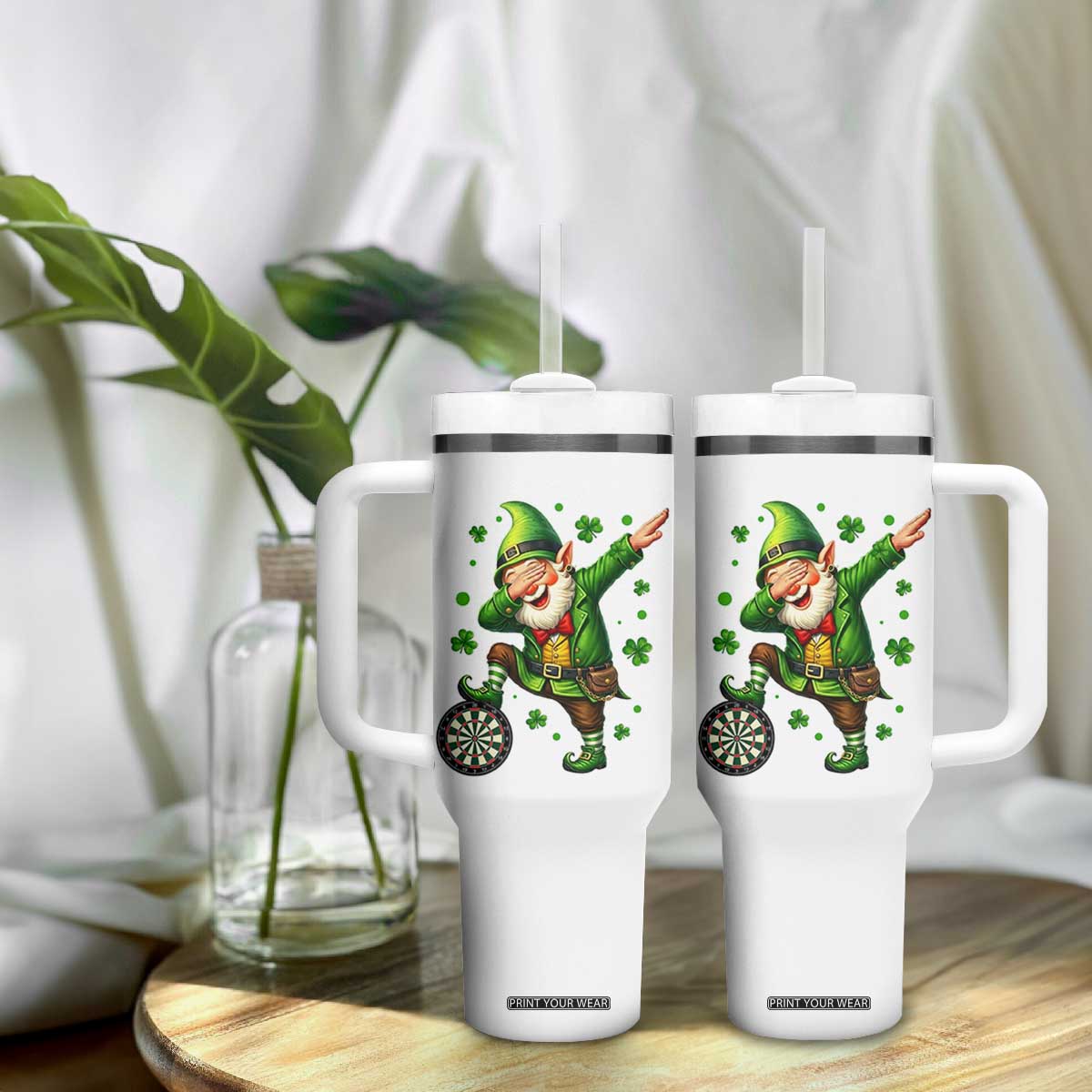 St Patricks Day Cheerful Gnome Dabbing Tumbler With Handle Darts Lover Gift TS12 Print Your Wear