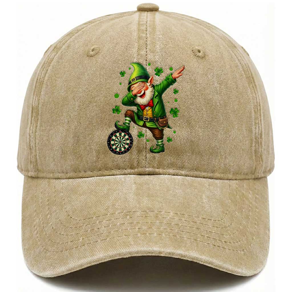 St Patricks Day Cheerful Gnome Dabbing Washed Cotton Baseball Cap Darts Lover Gift TS12 Print Your Wear