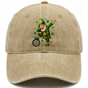 St Patricks Day Cheerful Gnome Dabbing Washed Cotton Baseball Cap Darts Lover Gift TS12 Print Your Wear
