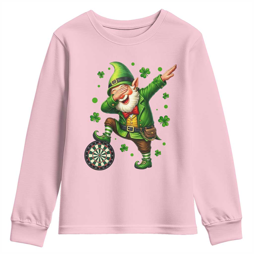 St Patricks Day Cheerful Gnome Dabbing Youth Sweatshirt Darts Lover Gift TS12 Light Pink Print Your Wear