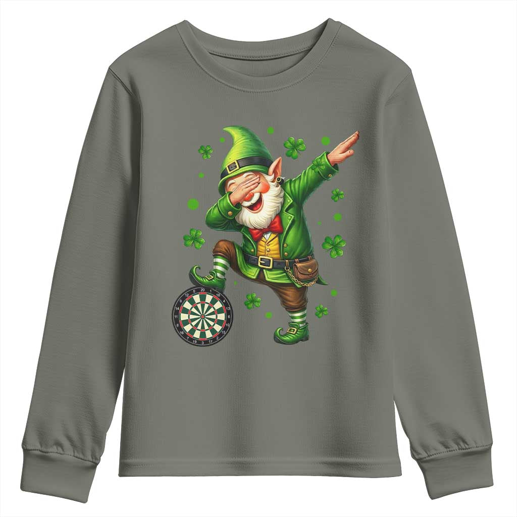St Patricks Day Cheerful Gnome Dabbing Youth Sweatshirt Darts Lover Gift TS12 Military Green Print Your Wear