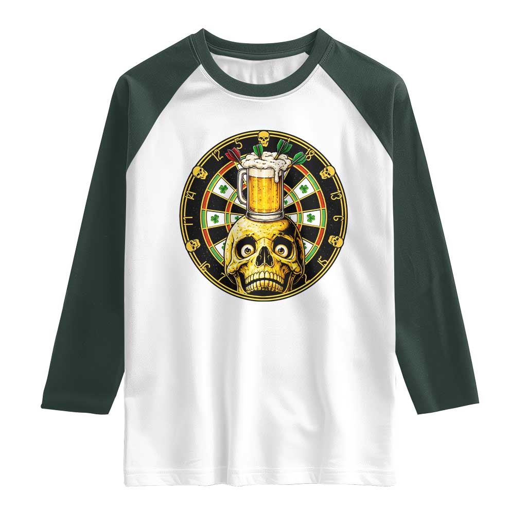 Funny St Patricks Day Skull Raglan Shirt Darts Player Gift TS12 White Dark Forest Green Print Your Wear