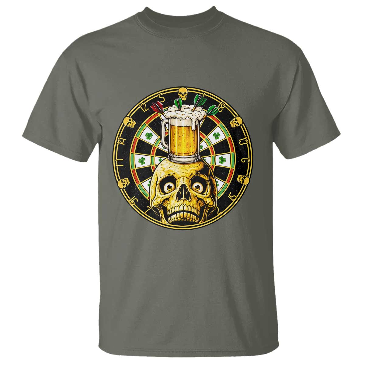Funny St Patricks Day Skull T Shirt Darts Player Gift TS12 Military Green Print Your Wear