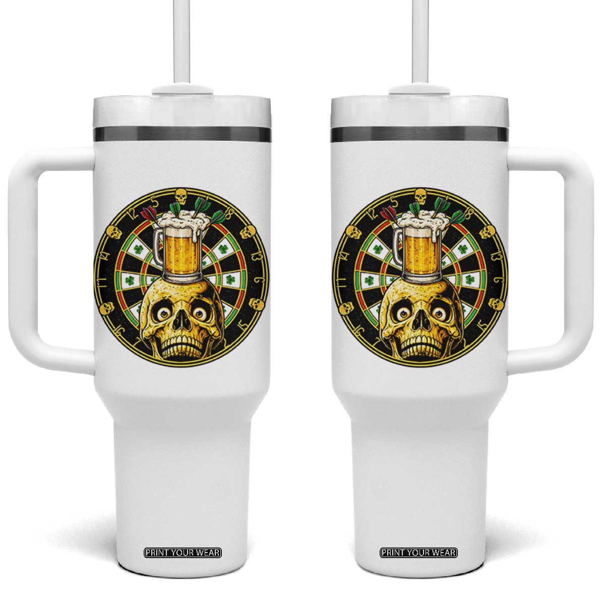 Funny St Patricks Day Skull Tumbler With Handle Darts Player Gift TS12 One Size: 40 oz White Print Your Wear