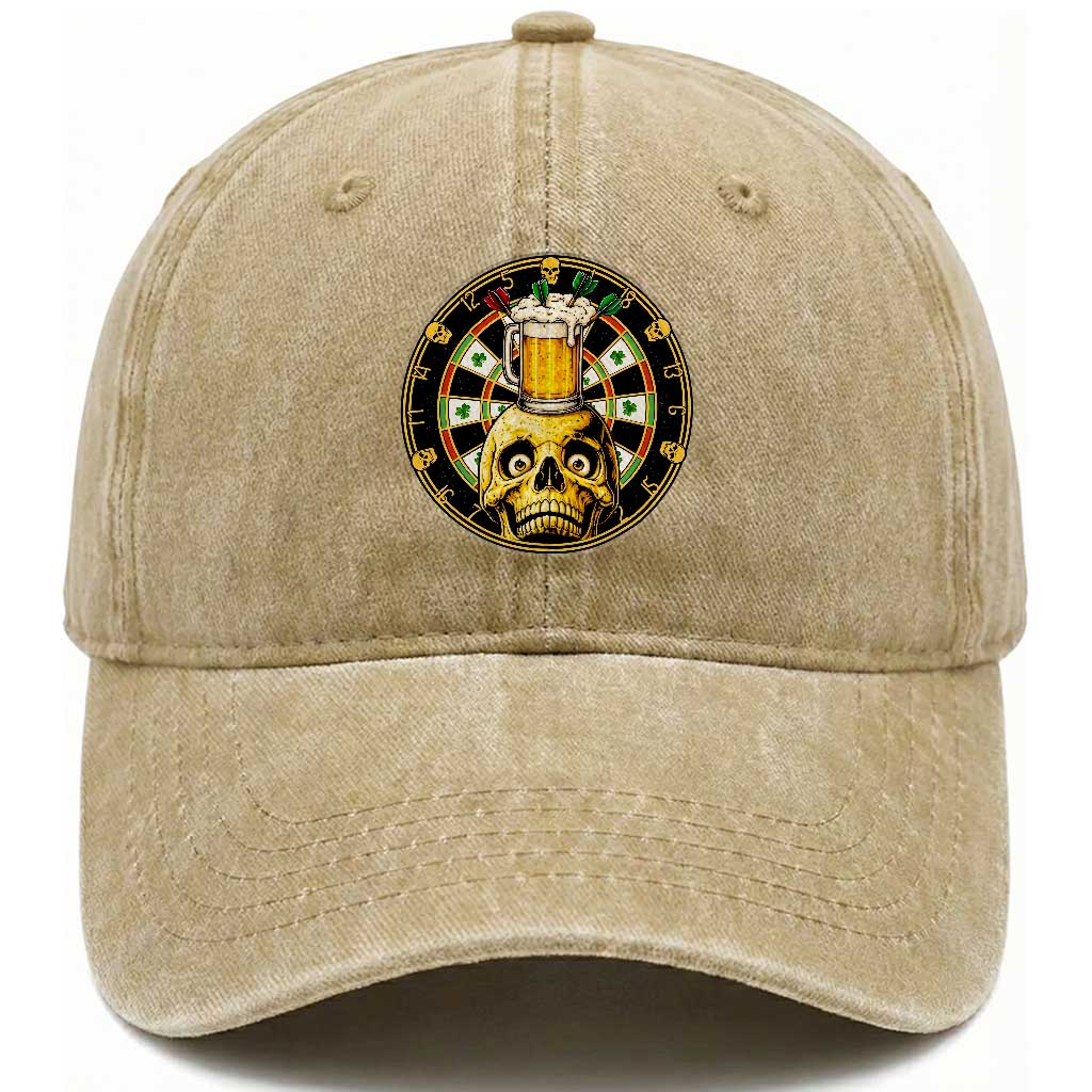 Funny St Patricks Day Skull Washed Cotton Baseball Cap Darts Player Gift TS12 Print Your Wear