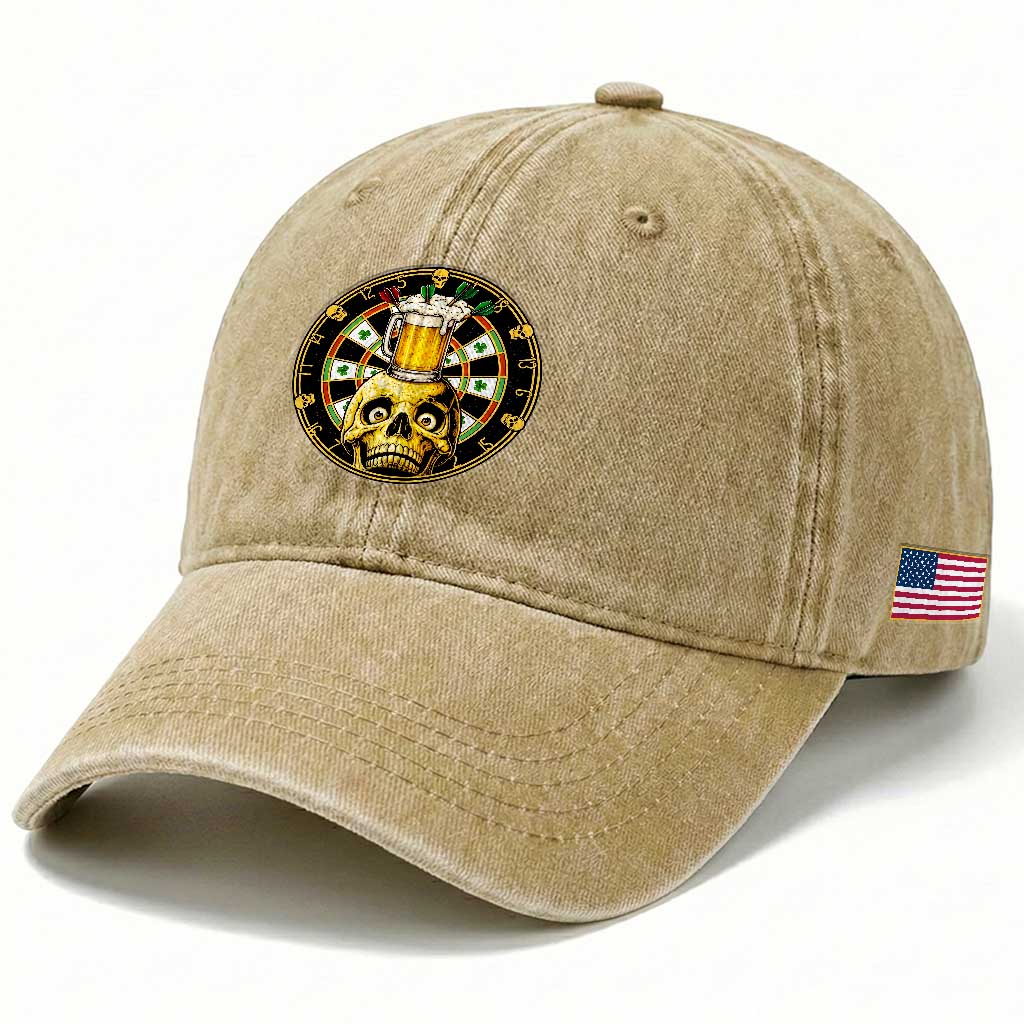 Funny St Patricks Day Skull Washed Cotton Baseball Cap Darts Player Gift TS12 Print Your Wear