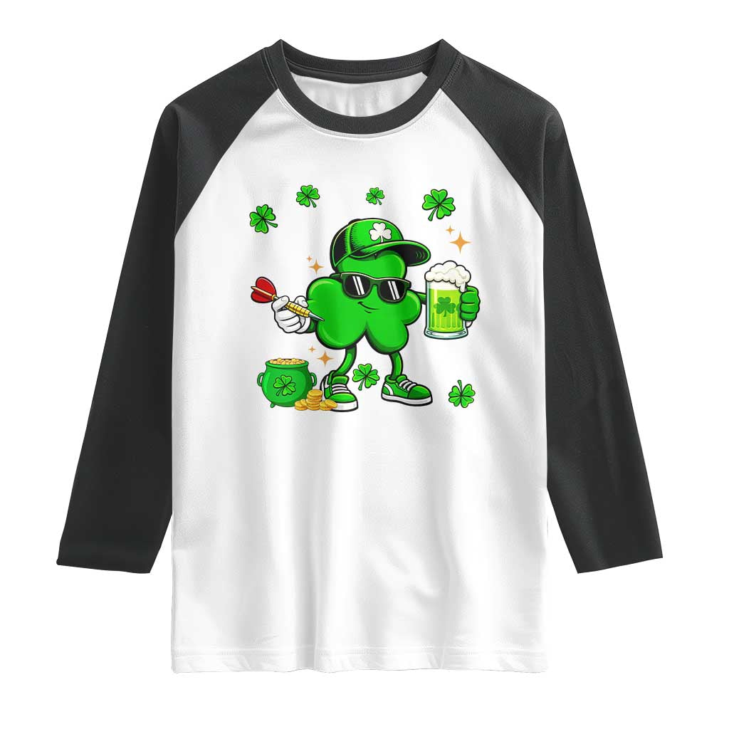 St Patricks Day Shamrock Darts And Beer Lover Gift Raglan Shirt TS12 White Black Print Your Wear