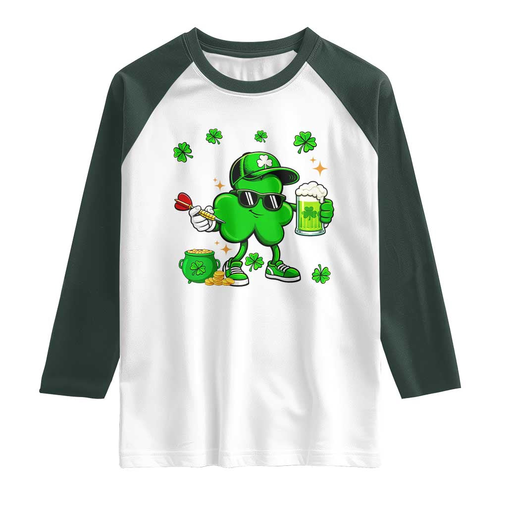 St Patricks Day Shamrock Darts And Beer Lover Gift Raglan Shirt TS12 White Dark Forest Green Print Your Wear
